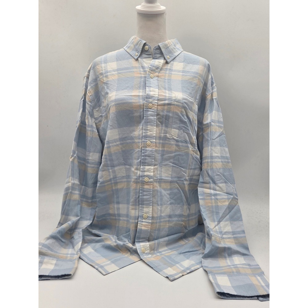 Hawker Rye Women's L Blue Beige Plaid Button Down Shirt Cotton Modal 101-417
